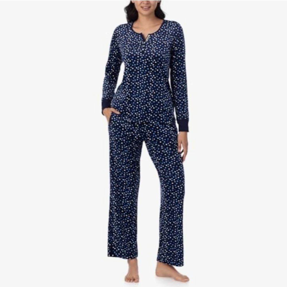 Nautica Navy Dots Long Sleeve Henley Pajama Shirt & Pants Set Size Large